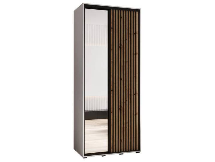 Schiebetürenschrank mit Spiegel Mina, in Weiß/Eiche, Metallgriffe in schwarz gehalten, Front aus laminierter Platte, robust, 235,2 x 120 x -60 cm von easyMÖBEL