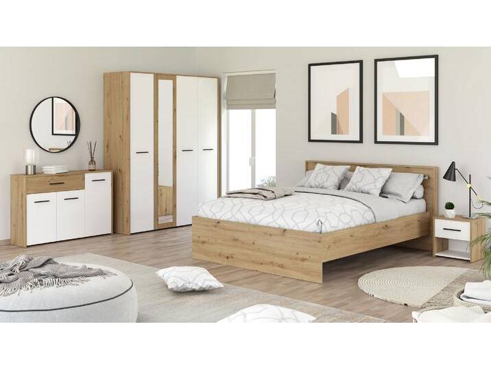 Schlafzimmer Komplett - Set A Brus, 4-teilig, Farbe: Eiche Artisan / Weiß, ein Doppelbett, zwei Nachtkommoden, ein Kleiderschrank und eine Kommode Schlafzimmer Komplett - Set A Brus, 4-teilig, Farbe: Eiche Artisan / Weiß, ein Doppelbett, zwei Nachtkommoden, ein Kleiderschrank und eine Kommode von easyMÖBEL