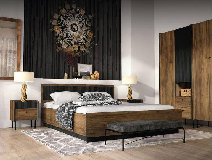 Schlafzimmer Komplett - Set A Mairenke, 5-teilig, Farbe: Walnuss / Schwarz matt von easyMÖBEL