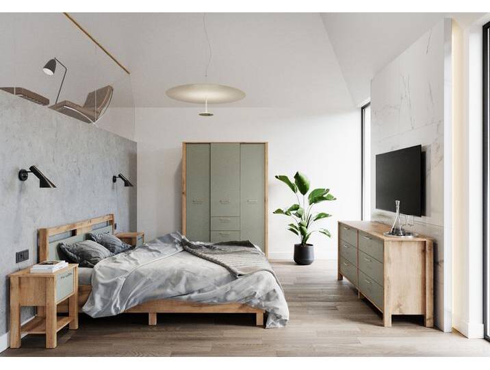Schlafzimmer Komplett - Set C Braianik, 5-teilig, natürliche Farbkombination in Eiche Wotan / Grün, Griffe aus Metall in Mattgold, ABS Kantenschutz Schlafzimmer Komplett - Set C Braianik, 5-teilig, natürliche Farbkombination in Eiche Wotan / Grün, Griffe aus Metall in Mattgold, ABS Kantenschutz von easyMÖBEL