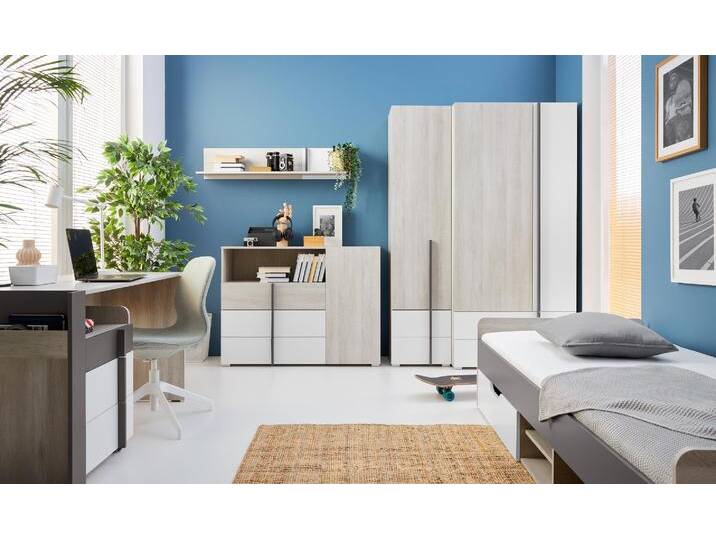 Schlafzimmer Komplett - Set E Schilde, 7-teilig, Farbe: Eiche Weiß / Weiß / Anthrazit von easyMÖBEL