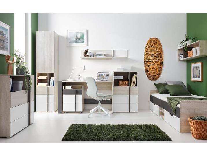 Schlafzimmer Set A Schilde, 8-teilig Eiche Weiß / Weiß / Anthrazit Komplett-Set mit Bett, Kommoden, Schreibtisch & Regalen, modernes Design Schlafzimmer Set A Schilde, 8-teilig Eiche Weiß / Weiß / Anthrazit Komplett-Set mit Bett, Kommoden, Schreibtisch & Regalen, modernes Design von easyMÖBEL