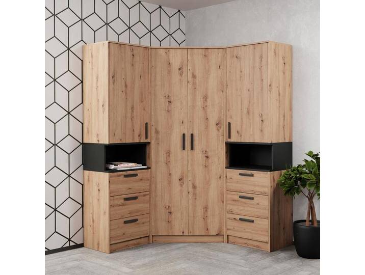 Schlafzimmer - Set F Fafe 2-teilig Farbe: Eiche Artisan / Schwarz genügend Stauraum Soft-Close-Funktion Eckkleiderschrank 2 offene Fäch Schlafzimmer - Set F Fafe 2-teilig Farbe: Eiche Artisan / Schwarz genügend Stauraum Soft-Close-Funktion Eckkleiderschrank 2 offene Fäch von easyMÖBEL