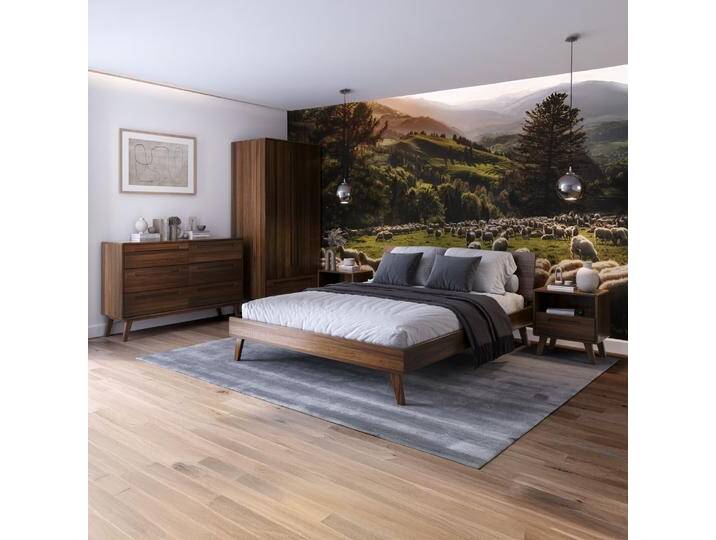 Schlafzimmer Set, Walnuss, 5-teilig, Buche, Mit Nachtkommoden & Kleiderschrank, Modern, Engordany von easyMÖBEL