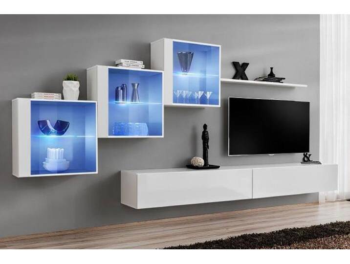 Schlichte Wohnwand Balestrand 305 Weiß Matt & Hochglanz 150x330x40 cm 5 Türen Push-to-Open LED Beleuchtung von easyMÖBEL