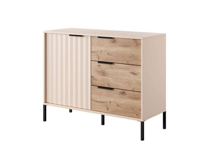 Schmale Kommode Fouchana 04, Farbe: Beige / Eiche Viking - Abmessungen: 81 x 103 x 39,5 cm (H x B x T), mit drei Schubladen von easyMÖBEL