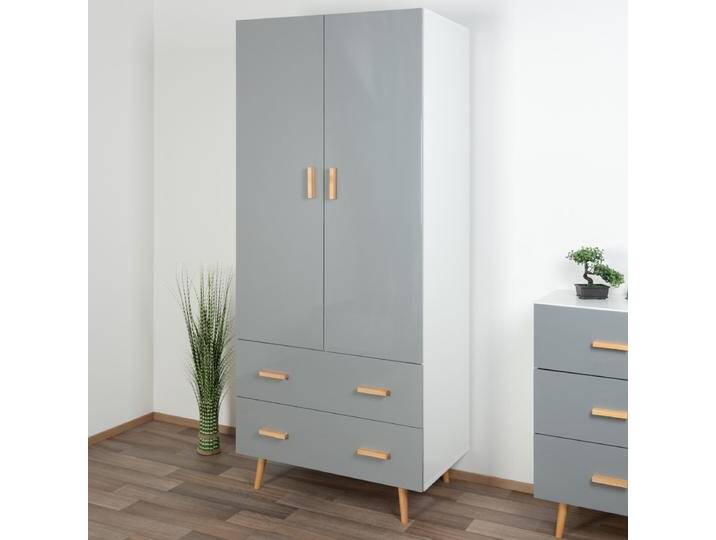 Schrank Hohgant 07, Farbe: Weiß / Grau Hochglanz - 209 x 90 x 56 cm (H x B x T) von easyMÖBEL