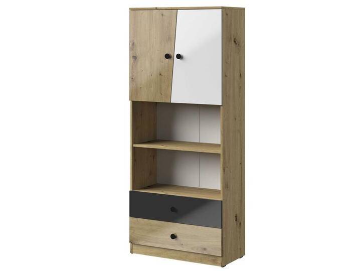 Schrank Sirte 04, Farbe: Eiche / Weiß / Schwarz Hochglanz - Abmessungen: 190 x 80 x 40 cm (H x B x T) von easyMÖBEL