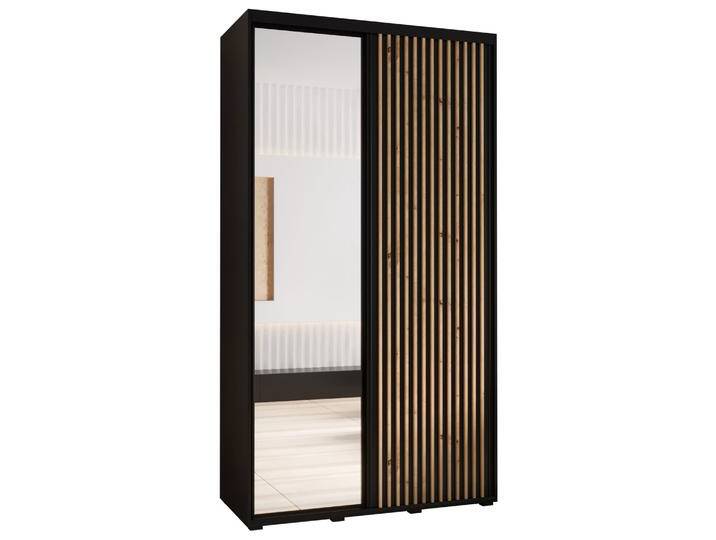 Schwarzer Schiebetürenschrank Mina mit Spiegel, auch für Wohnzimmer geeignet, Schwarzer Metallgriff, viel Stauraum, Anti Staubbürsten, 235,2 x 140 von easyMÖBEL