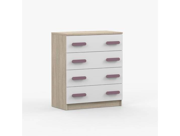 Kommode 80 cm breit Weiß / Sonoma Eiche violette Holzgriffe Smolikas 06 4 Schubladen 90 x 80 x 40 cm Kinder Jugend von easyMÖBEL