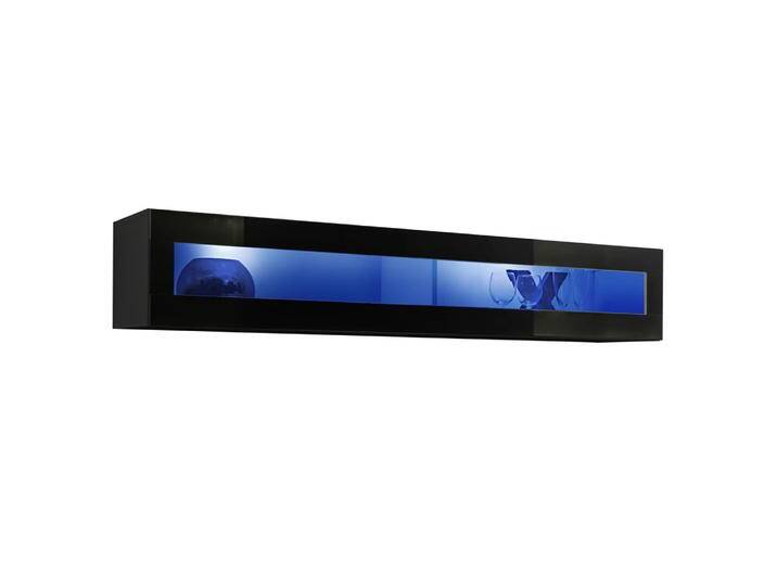 Stylische Hängevitrine Raudberg 40, Farbe: Schwarz - Abmessungen: 30 x 160 x 29 cm (H x B x T), mit blauer LED-Beleuchtung von easyMÖBEL