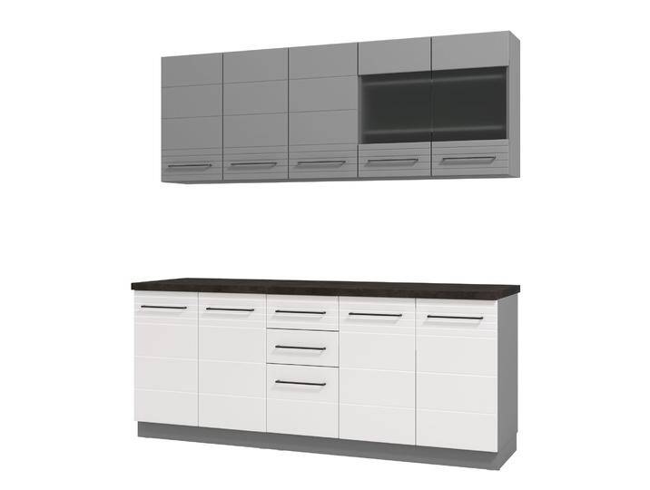 Stylische Küchenzeile / Küchenblock mit zwei Schubladen Pluna 01, Farbe: Graphitgrau / Weiß Hochglanz, ein Hängeschrank mit Glastüren, 200 cm br Stylische Küchenzeile / Küchenblock mit zwei Schubladen Pluna 01, Farbe: Graphitgrau / Weiß Hochglanz, ein Hängeschrank mit Glastüren, 200 cm br von easyMÖBEL