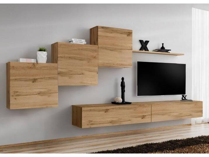 Stylische Wohnwand Balestrand 147, Farbe: Grau - Abmessungen: 150 x 330 x 40 cm (H x B x T), mit genügend Stauraum von easyMÖBEL