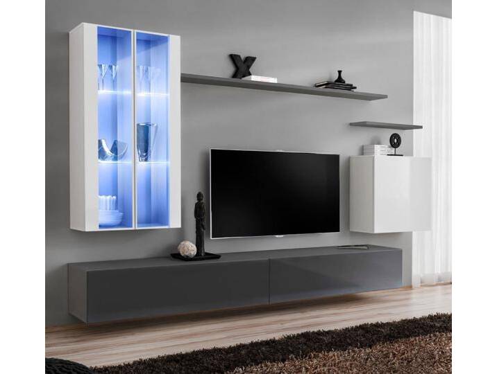 Stylische Wohnwand Balestrand 183, Farbe: Weiß / Grau - Abmessungen: 160 x 270 x 40 cm (H x B x T), mit 10 Fächern von easyMÖBEL
