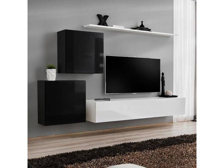 Wohnwand Balestrand 70 Schwarz / Weiß Modernes Design 150x250x40 cm Viel Stauraum Push To Open System Hochglanz Front von easyMÖBEL