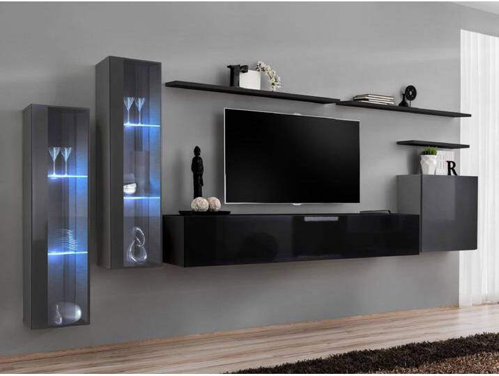 Wohnwand, Grau & Schwarz, 160x330x40 cm, Holzwerkstoff, Mit LED-Beleuchtung, Maritim von easyMÖBEL