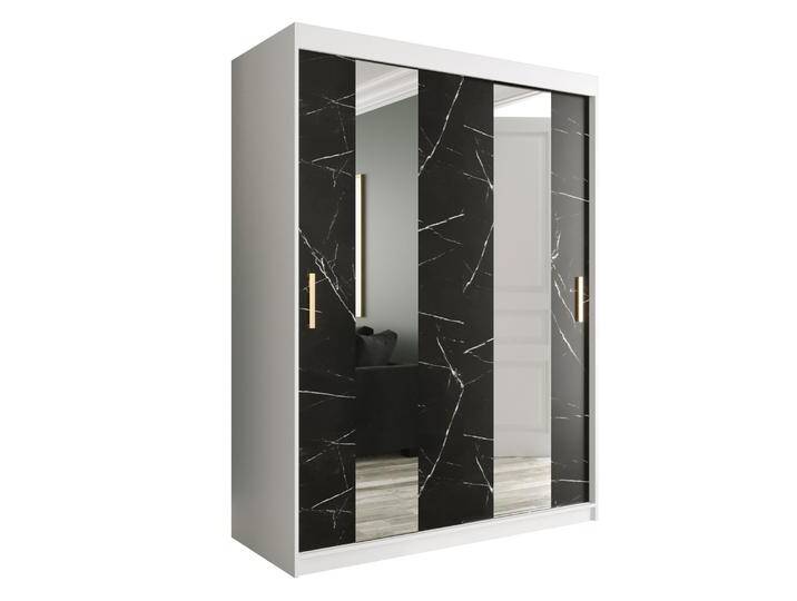 Stylischer Kleiderschrank Ätna 11, Farbe: Weiß matt / Schwarzer Marmor - Abmessungen: 200 x 150 x 62 cm (H x B x T), mit zwei Spiegel von easyMÖBEL