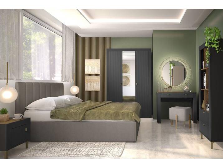Stylisches Schlafzimmer Komplett - Set G Barbe, 6-teilig, mit ABS-Kantenschutz, Farbe: Schwarz matt, praktisch und modern von easyMÖBEL