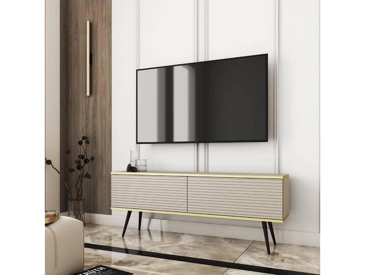 TV-Unterschrank / TV-Board mit Push-to-open-Funktion Horsham 21, Farbe: Beige, Beine: Schwarz, hängend montierbar, zwei Kipptüren, ABS-Kantenschutz von easyMÖBEL
