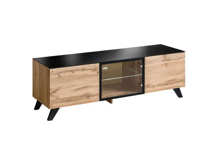 TV-Unterschrank Nautnes 04 Eiche Wotan/Schwarz 4 Fächer 3 Türen 150x45x47 cm Push-to-Open LED von easyMÖBEL
