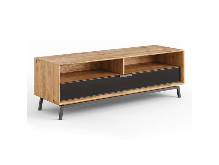 TV-Unterschrank Salleron 05, Wildeiche massiv geölt, Farbe: Natur / Schwarz - Abmessungen: 54 x 160 x 50 cm (H x B x T) von easyMÖBEL