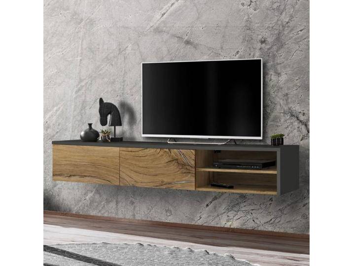 TV-Unterschrank mit drei Fächern Bjordal 16, Farbe: Eiche Flagstaff / Anthrazit - Abmessungen: 30 x 180 x 40 cm (H x B x T), mit Push-to-open Funkti von easyMÖBEL