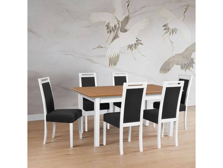 Tischgruppe X mit 6 Stühlen, großer Esszimmer Tisch in Weiß/Eiche, modernes und einfaches Design, stabile Holzstühle gepolstert, Polster: Schwarz von easyMÖBEL