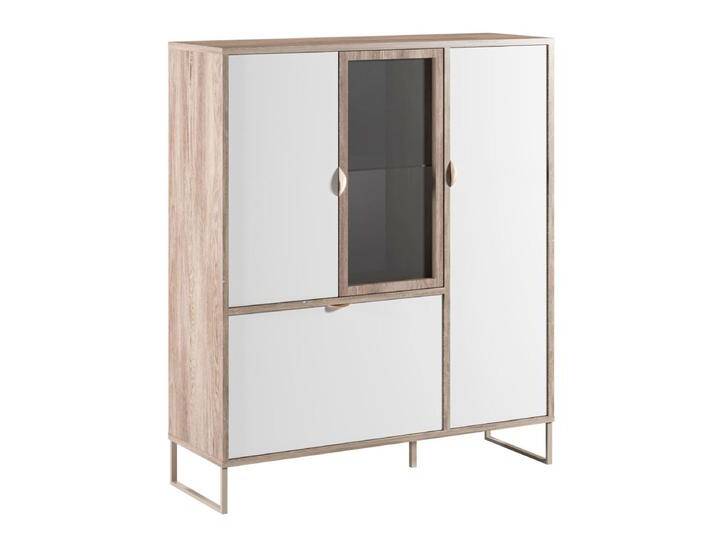 Vitrine Albondon 08 Eiche / Weiß Glanz 123 x 106 x 35 cm 6 Fächer Elegante Glastür Hochwertige Verarbeitung von elegante