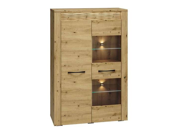 Vitrine Glostrup 05, Farbe: Eiche - Abmessungen: 140 x 92 x 40 cm (H x B x T), mit 2 Türen und 8 Fächern von easyMÖBEL
