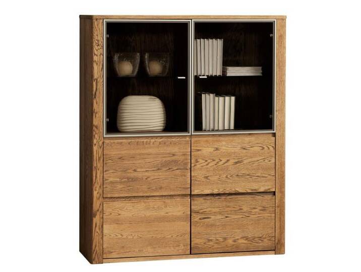 Vitrine Jussara 02, Farbe: Bernstein, Eiche teilmassiv - 150 x 124 x 42 cm (H x B x T) von easyMÖBEL