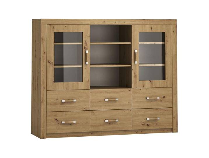 Vitrine Vanimo 17, Farbe: Eiche - Abmessungen: 125 x 156 x 42 cm (H x B x T) von easyMÖBEL