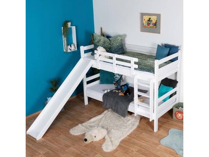 Weißes Etagenbett mit Rutsche 90 x 200 cm, Buche Massivholz Weiß lackiert, teilbar in zwei Einzelbetten, Easy Premium Line K28/n von easyMÖBEL