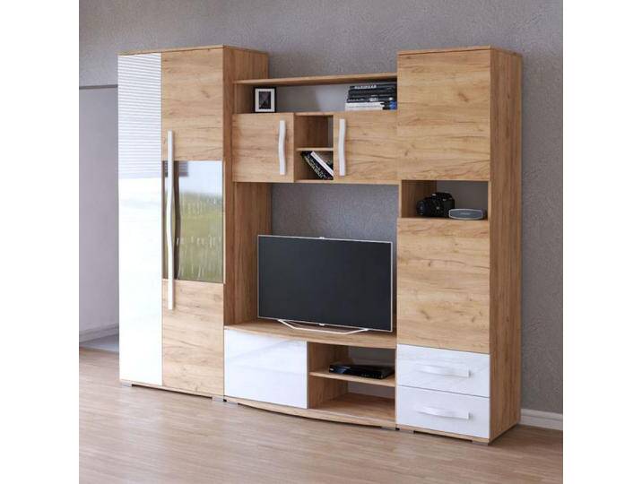 Wohnwand 3,2 Meter breit Braun / Weiß in Hochglanz 202 x 320 x 52 cm 1 Türe Mehrteilig viel Stauraum eckig Aufbewahrung Holzoptik von easyMÖBEL