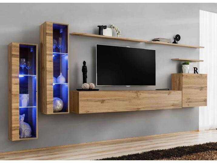 Wohnwand Balestrand 164, Farbe: Eiche Wotan - Abmessungen: 160 x 330 x 40 cm (H x B x T), mit vier Türen und 11 Fächern von easyMÖBEL