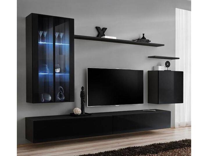Wohnwand Balestrand 178, Farbe: Schwarz - Abmessungen: 160 x 270 x 40 cm (H x B x T), mit Push-to-open Funktion von easyMÖBEL