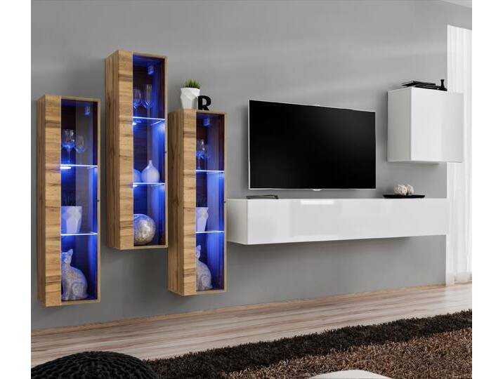 Wohnwand Balestrand 203 Eiche Wotan / Weiß 14 Fächer 160x330x40 cm Push To Open LED-Beleuchtung Hochglanz-Front von easyMÖBEL