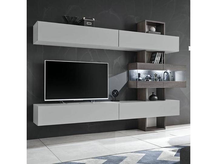 Wohnwand Bjordal 25, Farbe: Eiche Grafit / Grau - Abmessungen: 180 x 250 x 35 cm (H x B x T), mit Push-to-open Funktion von easyMÖBEL