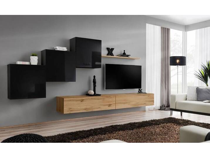 Wohnwand im außergewöhnlichen Design Balestrand 158, Farbe: Schwarz / Eiche Wotan - Abmessungen: 150 x 330 x 40 cm (H x B x T), mit Push-to-open Fu von easyMÖBEL