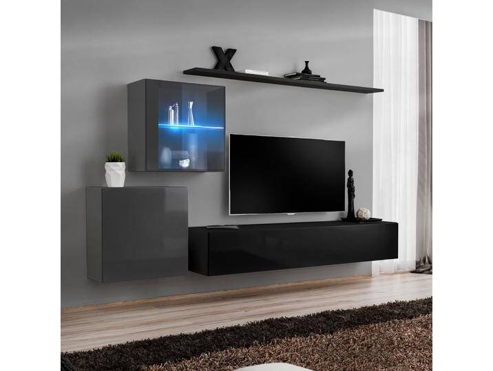 Wohnwand im außergewöhnlichen Design Balestrand 233, Farbe: Grau / Schwarz - Abmessungen: 150 x 250 x 40 cm (H x B x T), mit Push-to-open Funktion von easyMÖBEL