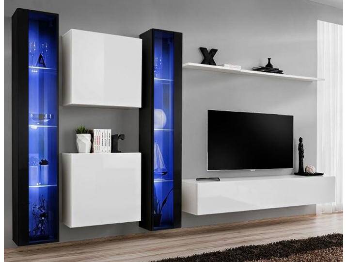 Wohnwand Balestrand 246 im außergewöhnlichen Design Schwarz/Weiß 180x330x40 cm LED-Beleuchtung Modern Push to Open Viel Stauraum von easyMÖBEL