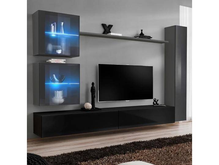 Wohnwand im außergewöhnlichen Design Balestrand 281, Farbe: Grau / Schwarz - Abmessungen: 180 x 280 x 40 cm (H x B x T), mit Push-to-open Funktion von easyMÖBEL