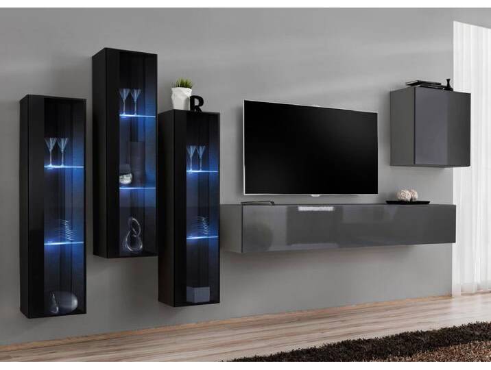 Wohnwand im außergewöhnlichen Stil Balestrand 202, Farbe: Schwarz / Grau - Abmessungen: 160 x 330 x 40 cm (H x B x T), mit LED-Beleuchtung von easyMÖBEL