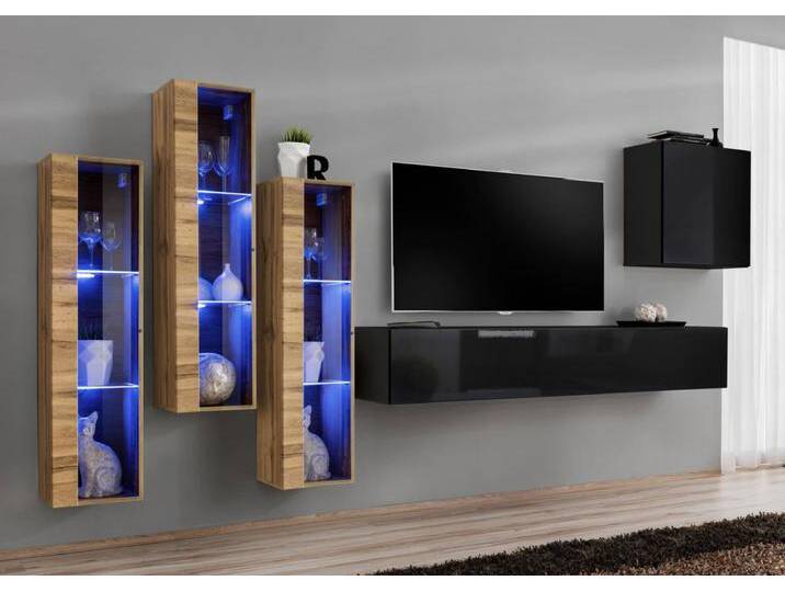 Wohnwand im edlen Design Balestrand 205, Farbe: Eiche Wotan / Schwarz - Abmessungen: 160 x 330 x 40 cm (H x B x T), mit genügend Stauraum von easyMÖBEL
