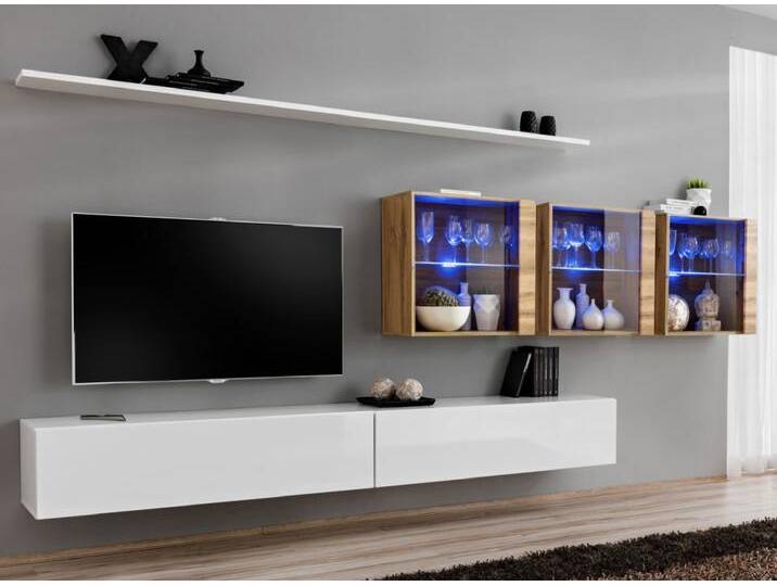 Wohnwand im edlen Design Balestrand 268, Farbe: Weiß / Eiche Wotan - Abmessungen: 150 x 340 x 40 cm (H x B x T), mit LED-Beleuchtung von easyMÖBEL