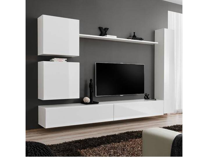 Wohnwand im eleganten Design Balestrand 113, Farbe: Weiß - Abmessungen: 180 x 280 x 40 cm (H x B x T), mit 16 Fächern von easyMÖBEL