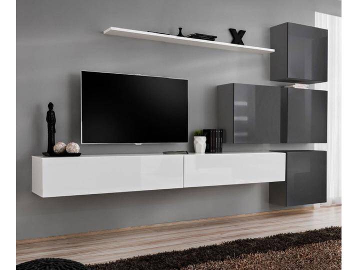 Wohnwand Balestrand 135 Elegantes Design in Weiß/Grau 12 Fächer 200x310x40 cm Push To Open Hochglanz-Fronten von easyMÖBEL