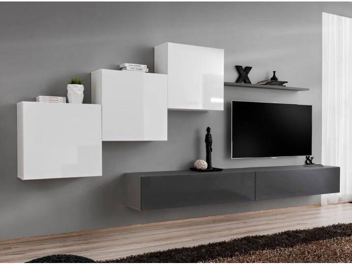 Wohnwand Balestrand 151 Elegantes Design in Weiß/Grau 150x330x40 cm Viel Stauraum Push To Open Hochglanz Fronten von easyMÖBEL