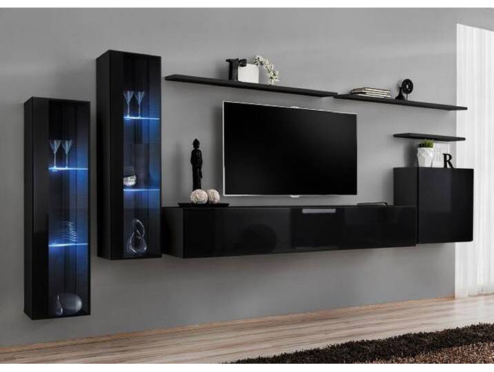 Wohnwand Balestrand 162 Schwarz Elegantes Design 160x330x40 cm Push-to-open Funktion Hochglanz & Matt LED-Beleuchtung von easyMÖBEL