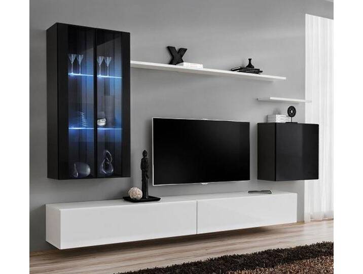 Wohnwand im eleganten Design Balestrand 182, Farbe: Schwarz / Weiß - Abmessungen: 160 x 270 x 40 cm (H x B x T), mit LED-Beleuchtung von easyMÖBEL