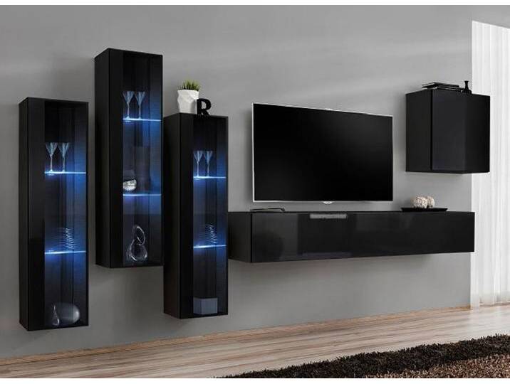 Wohnwand Balestrand 194 Schwarz Elegantes Design 160 x 330 x 40 cm Push-to-open LED Beleuchtung Hochglanz Front von easyMÖBEL